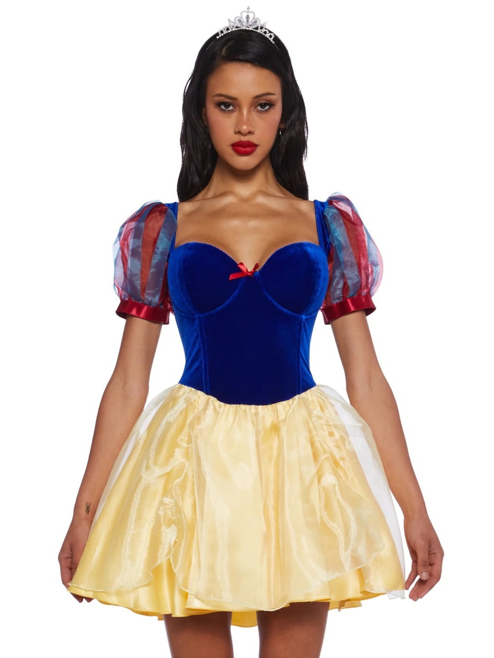 Blue Velvet and Yellow Snow White Fairy-Tale Dress with Red Puff Sleeves